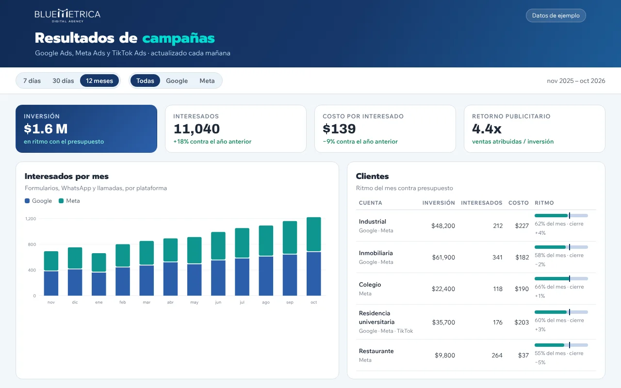 Dashboard de resultados de campañas de Bluemetrica con datos de ejemplo